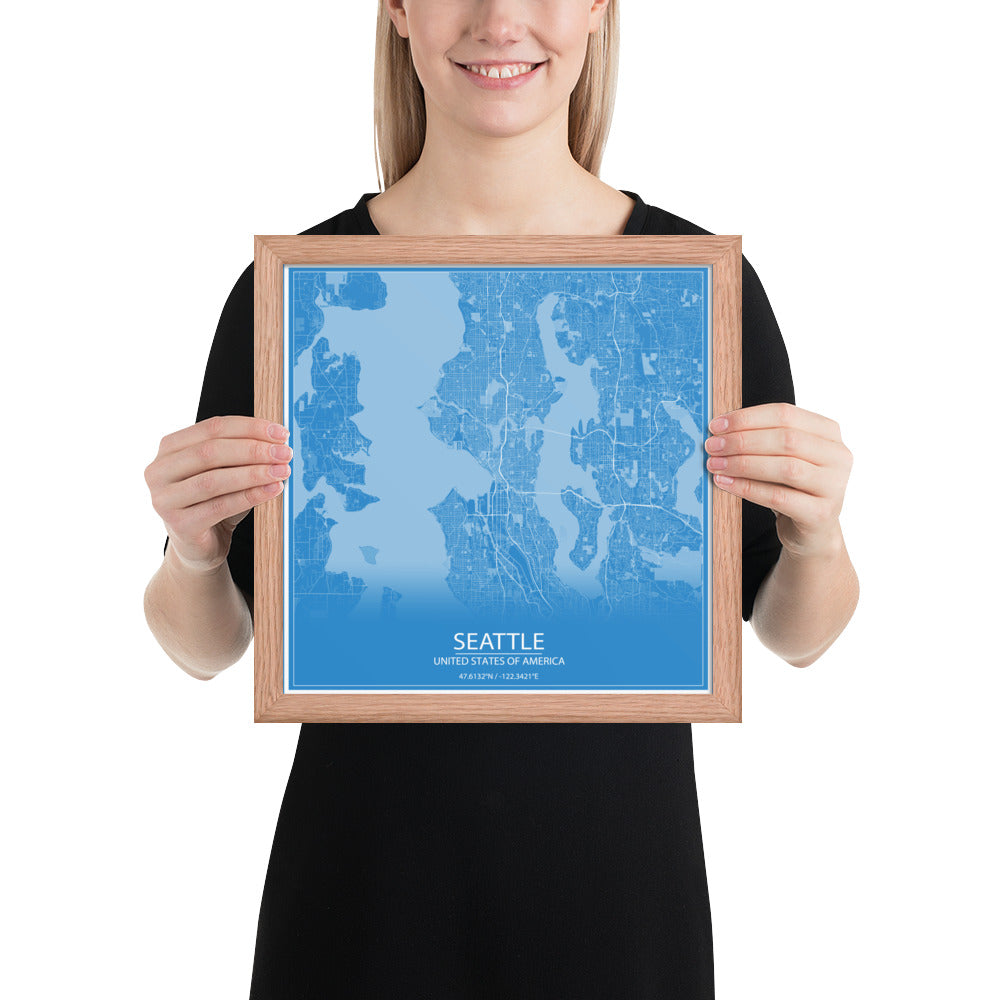 Seattle Blue and White Framed Map