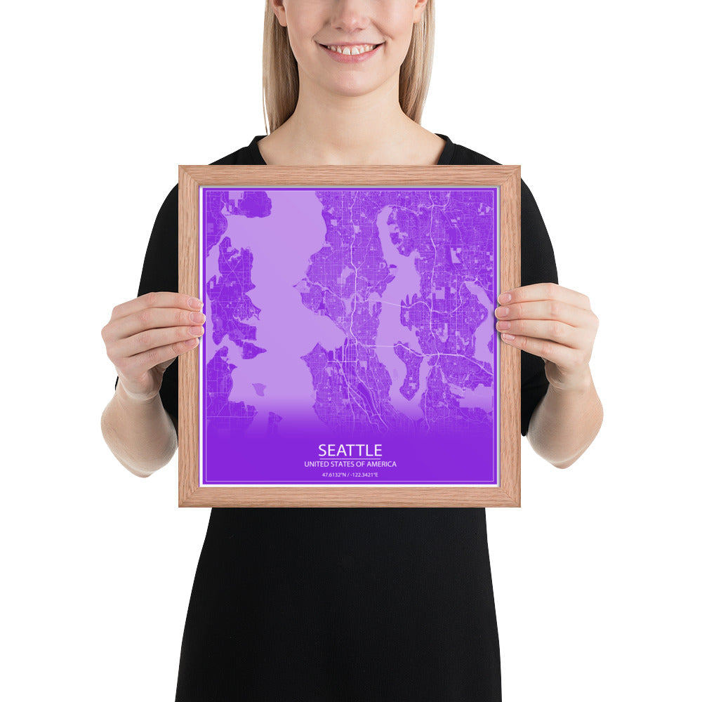 Seattle Purple and White Framed Map