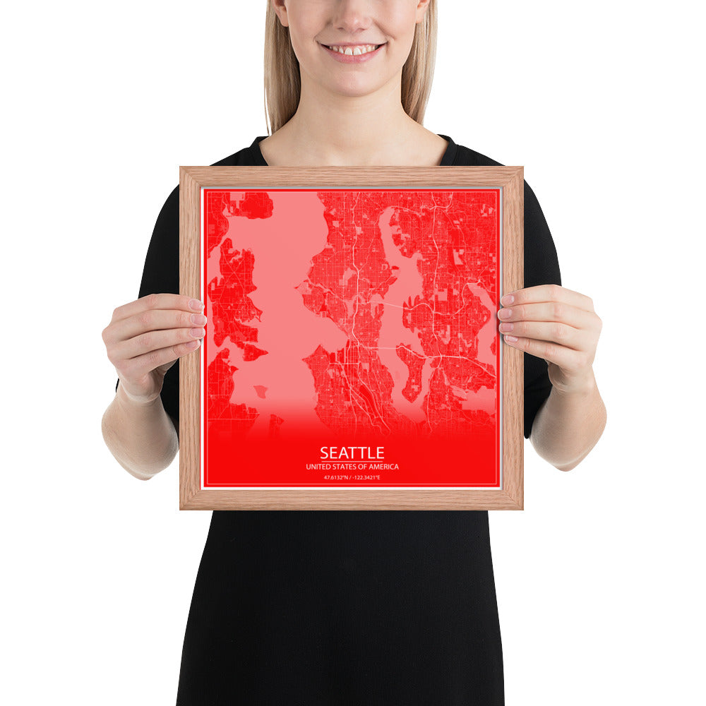 Seattle Red and White Framed Map