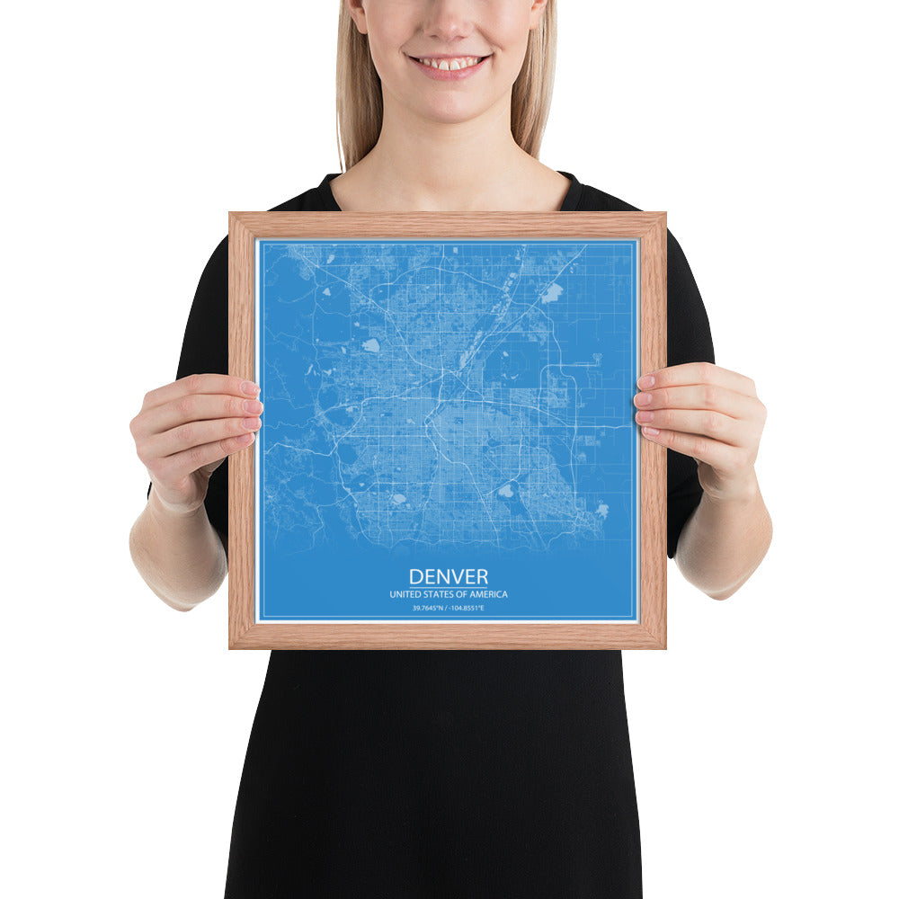 Denver Blue and White Framed Map