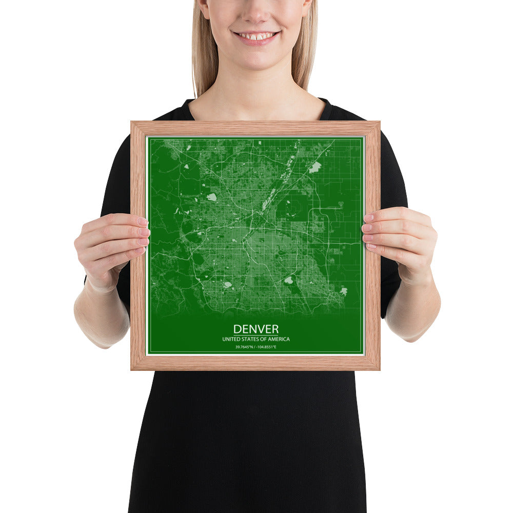 Denver Green and White Framed Map