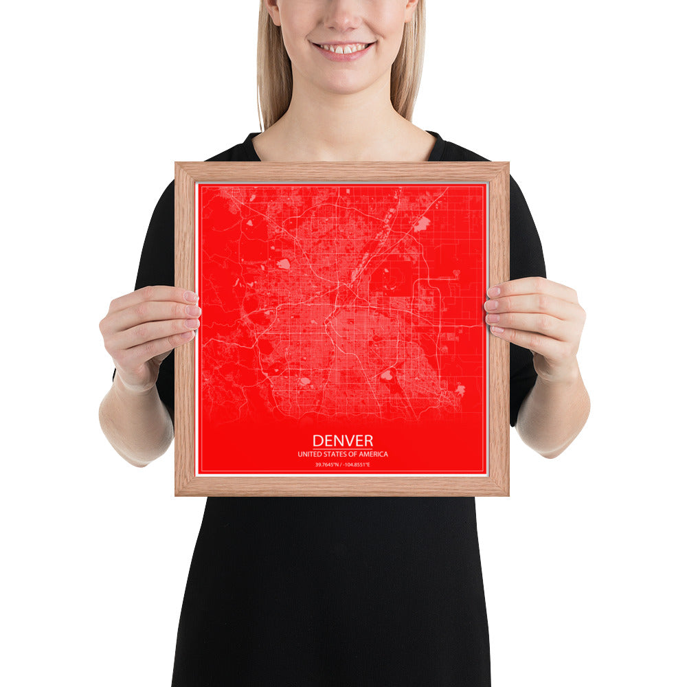 Denver Red and White Framed Map