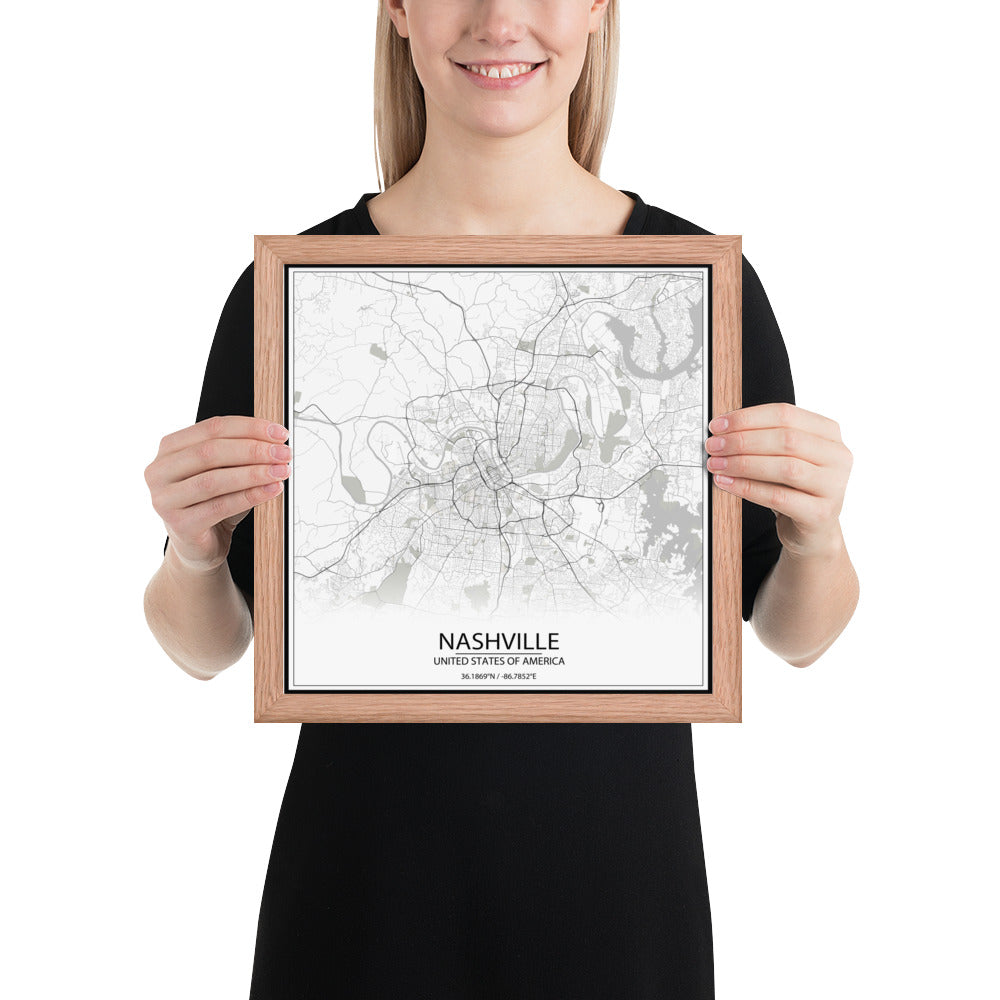 Nashville White Framed Map