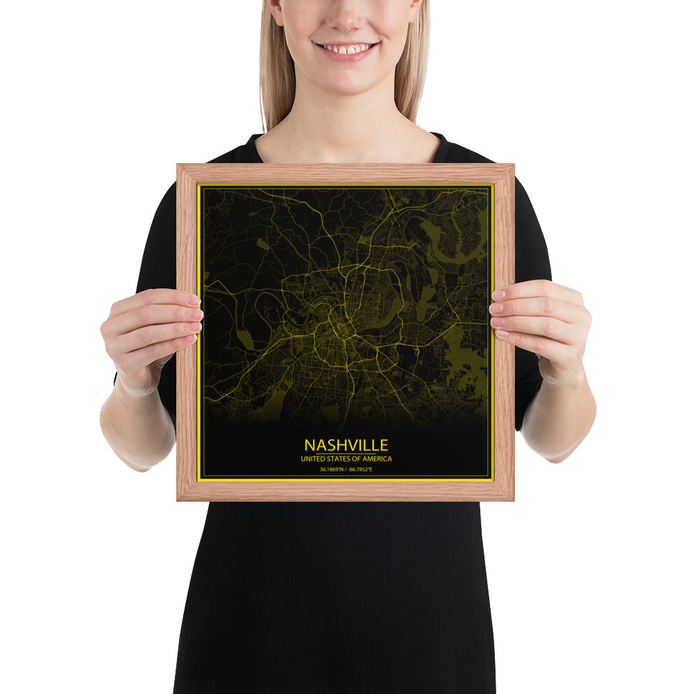 Nashville Black and Yellow Framed Map