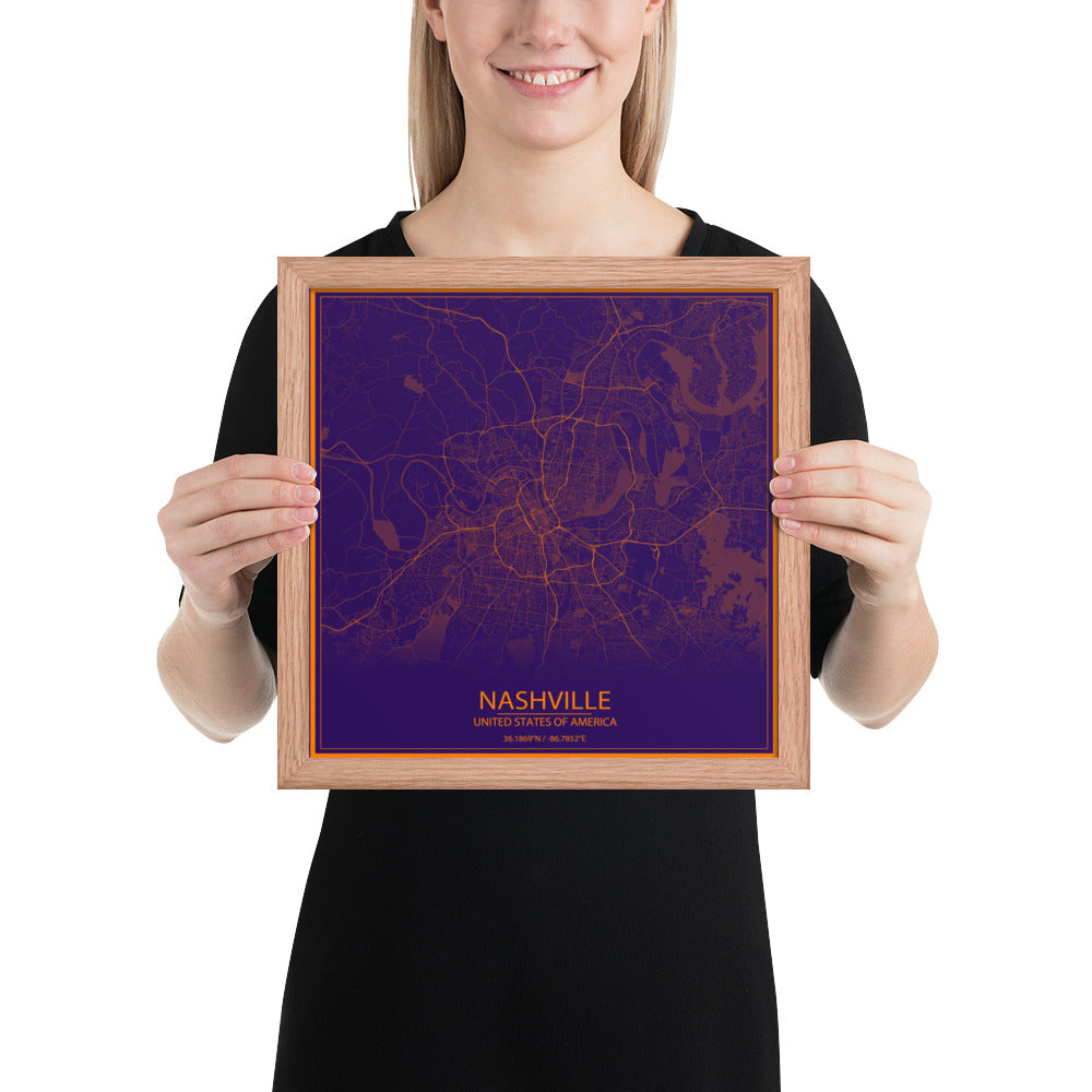 Nashville Purple and Orange Framed Map