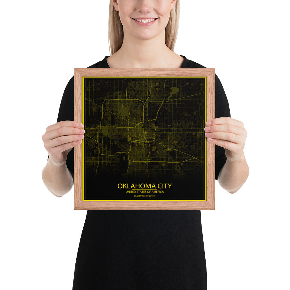 Oklahoma City Black and Yellow Framed Map