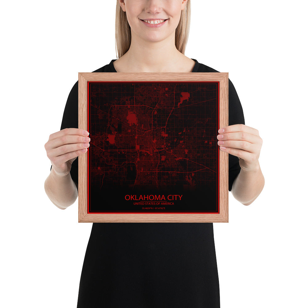 Oklahoma City Black and Red Framed Map