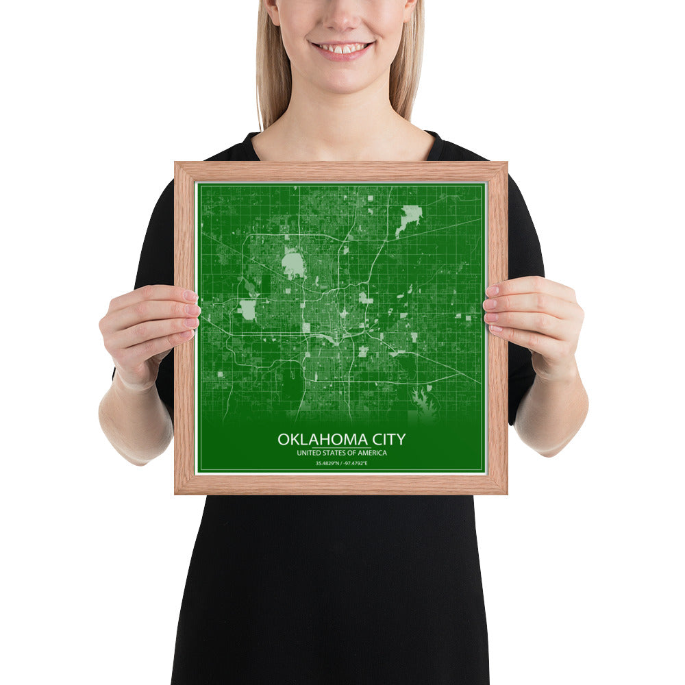 Oklahoma City Green and White Framed Map