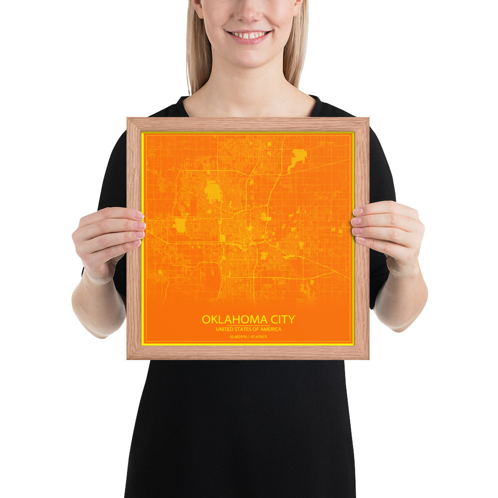 Oklahoma City Orange and Yellow Framed Map