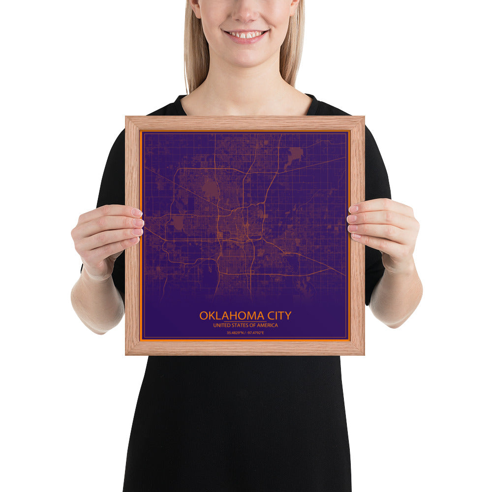 Oklahoma City Purple and Orange Framed Map