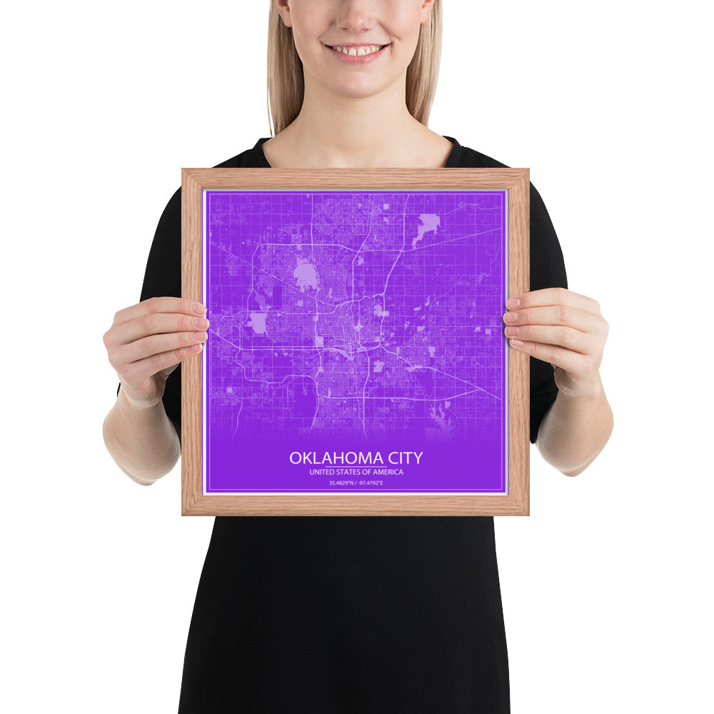 Oklahoma City Purple and White Framed Map