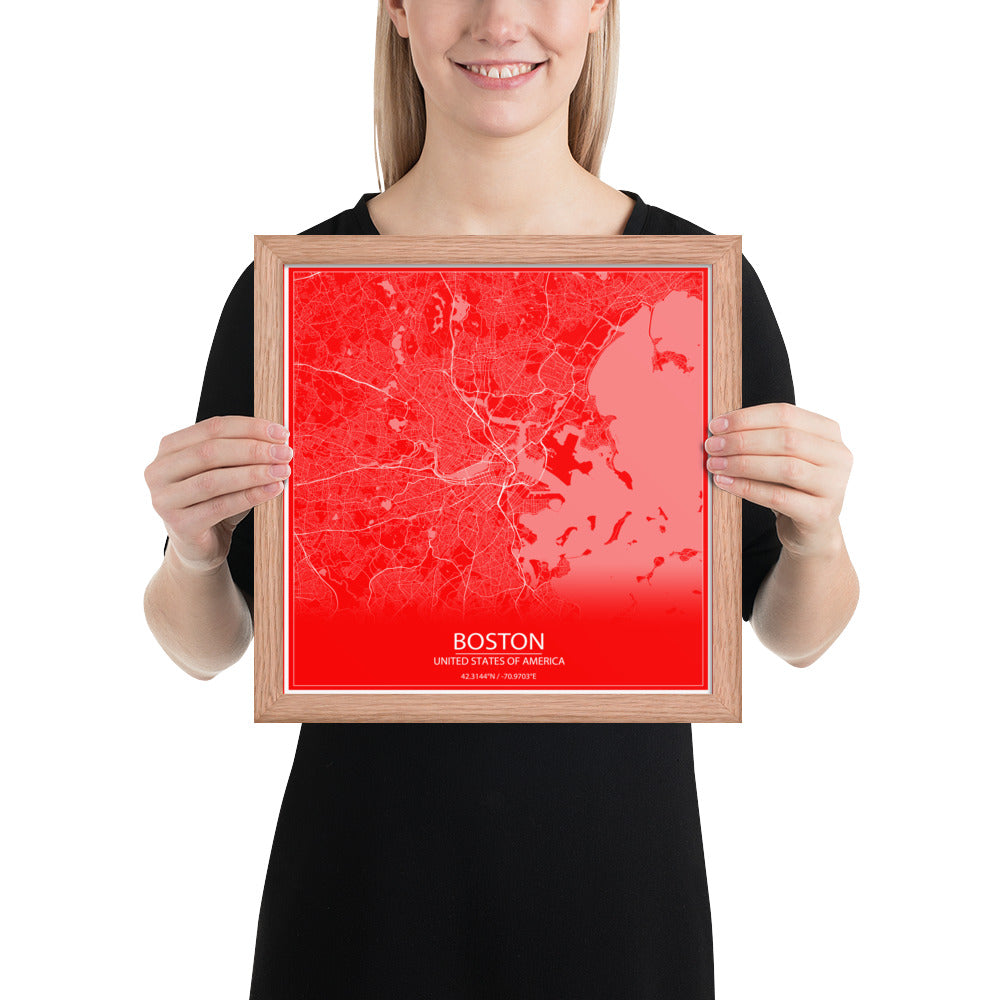 Boston Red and White Framed Map