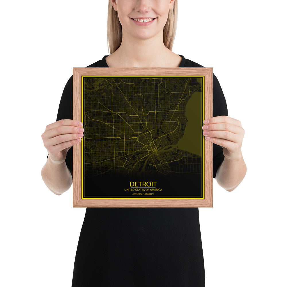 Detroit Black and Yellow Framed Map