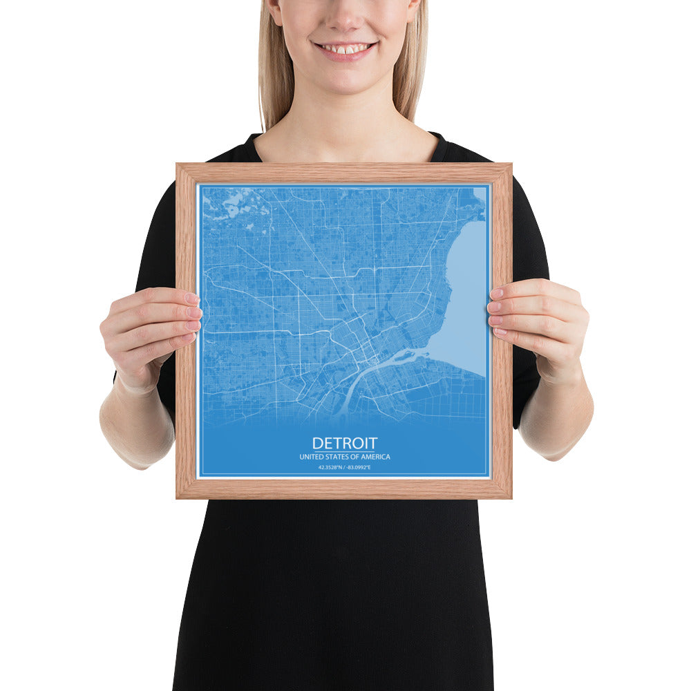 Detroit Blue and White Framed Map