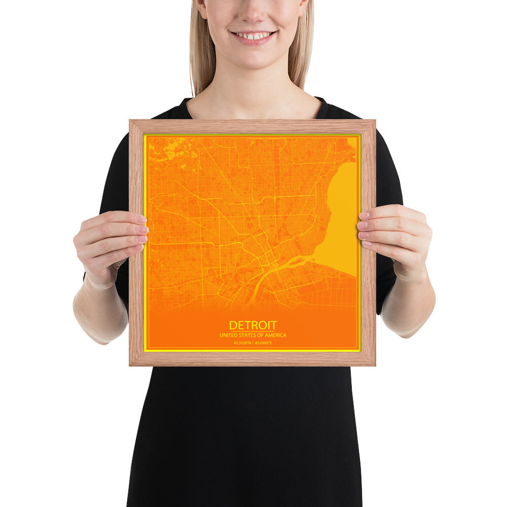 Detroit Orange and Yellow Framed Map