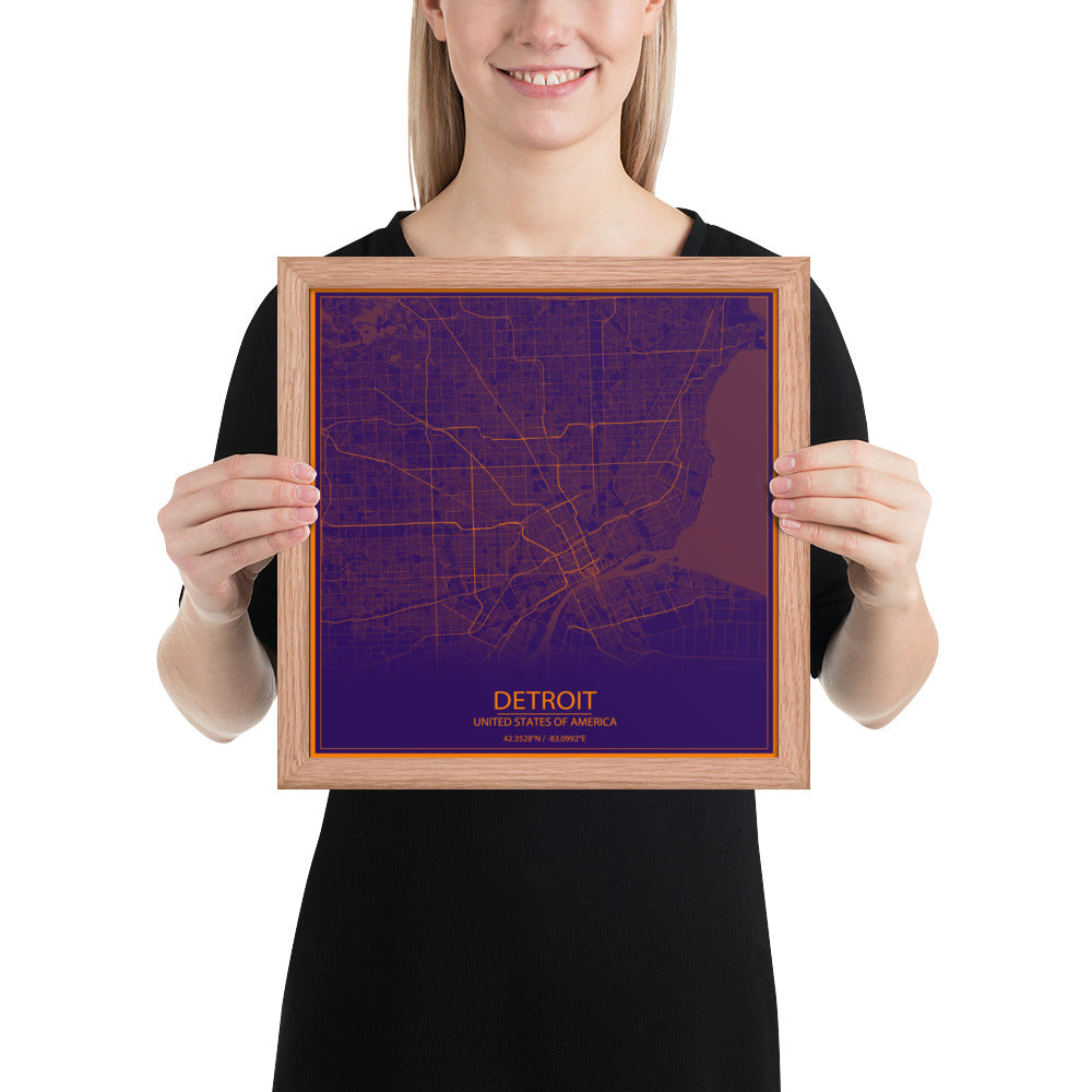 Detroit Purple and Orange Framed Map