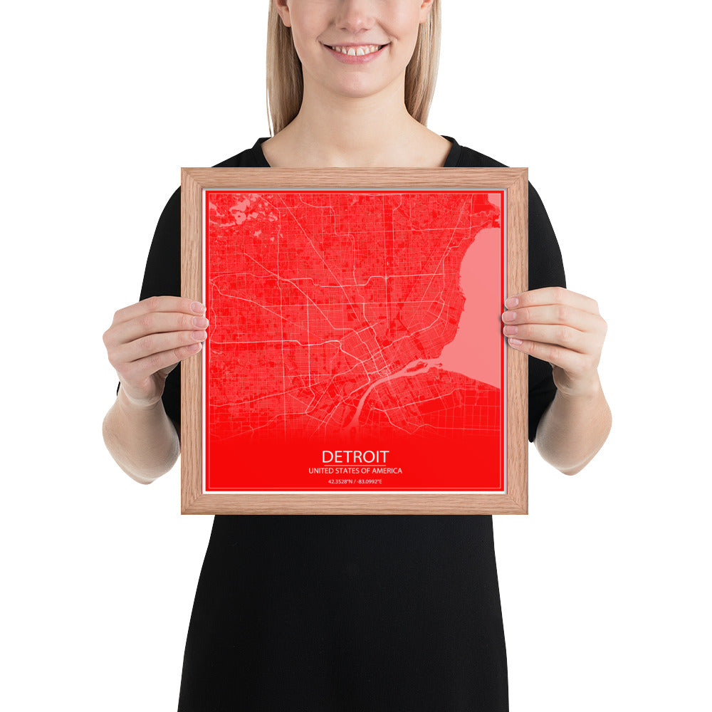 Detroit Red and White Framed Map