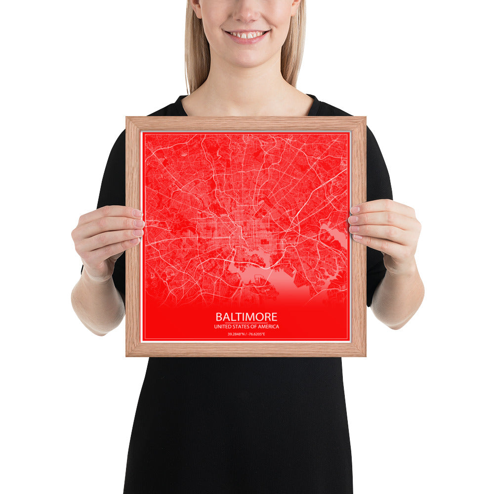 Baltimore Red and White Framed Map