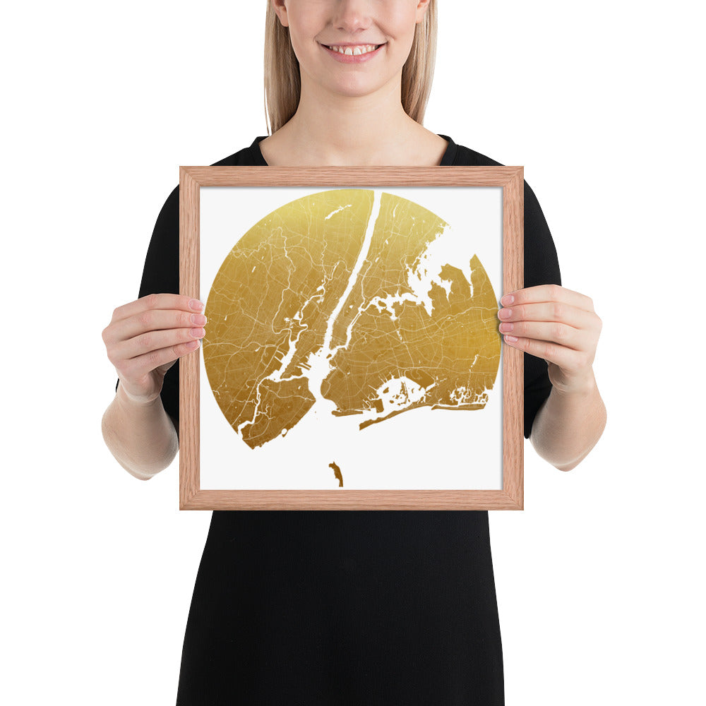 New York Gold on White Framed Map