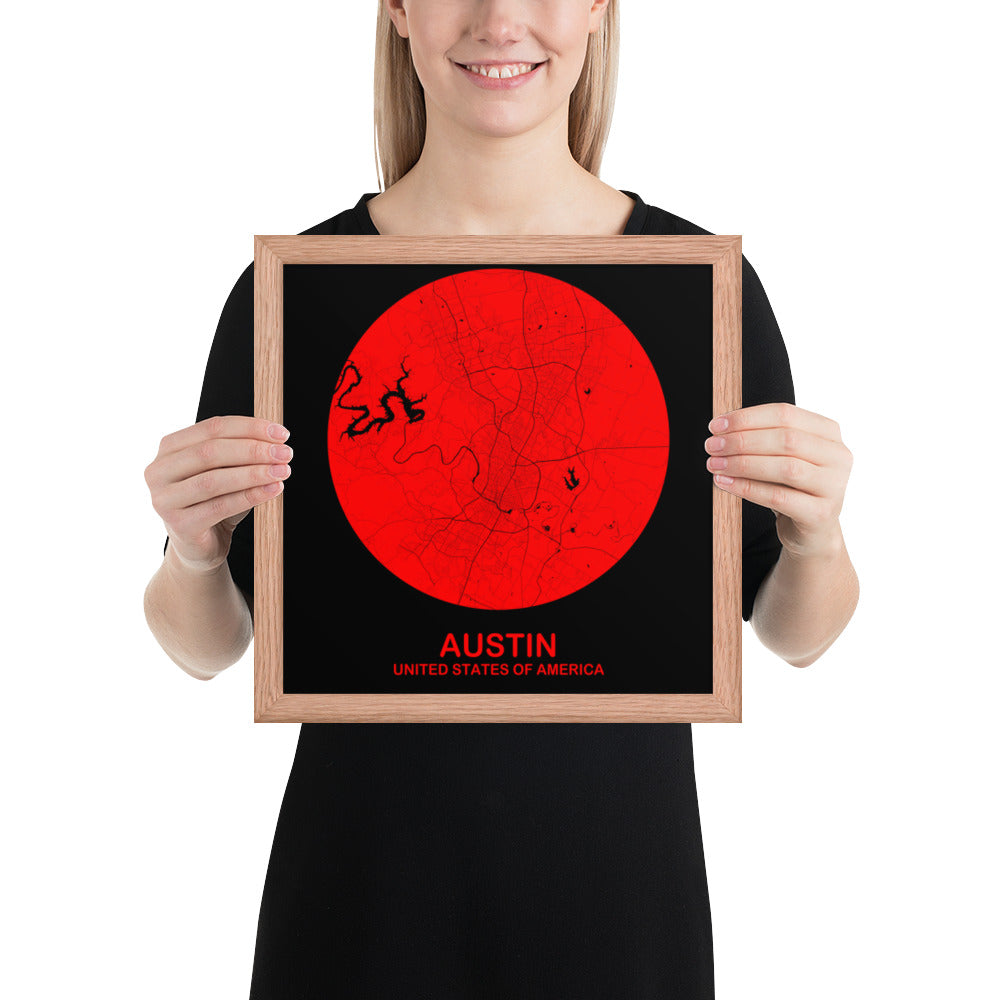 Austin Circular Red Framed Map