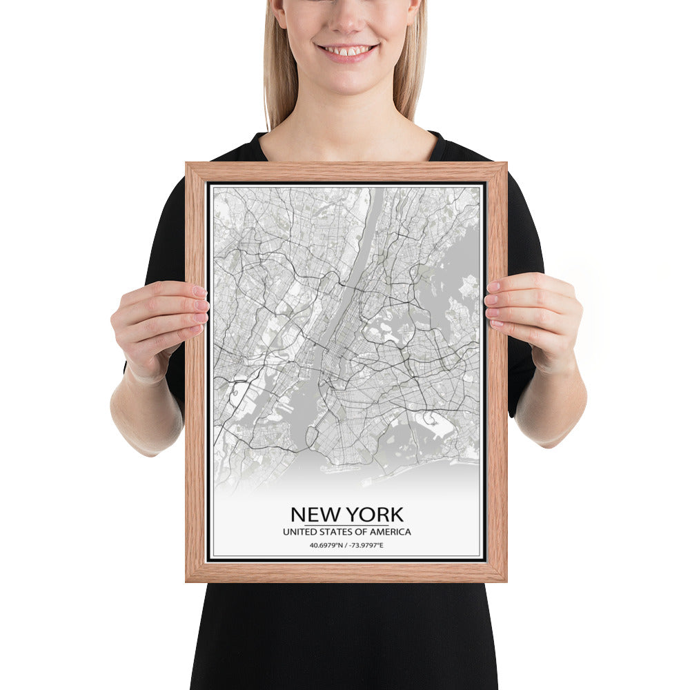 New York White Framed Map