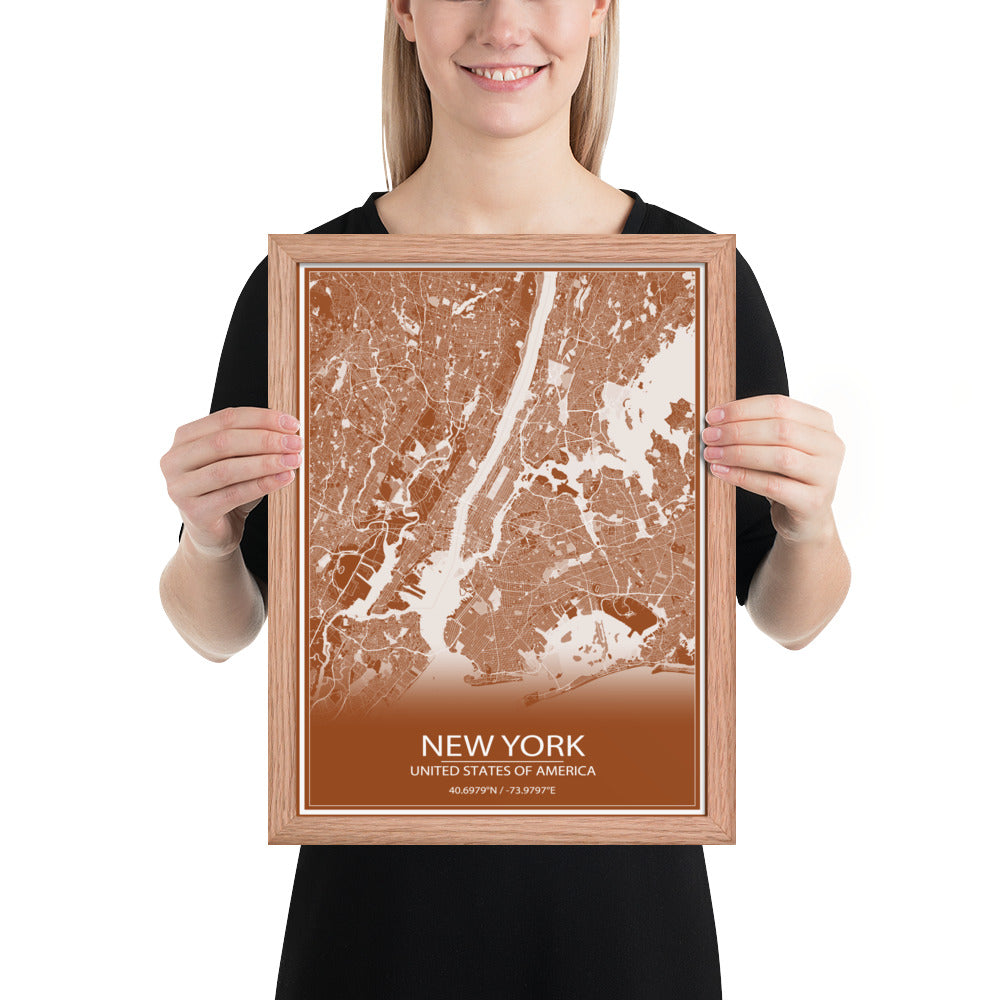 New York Brown and White Framed Map