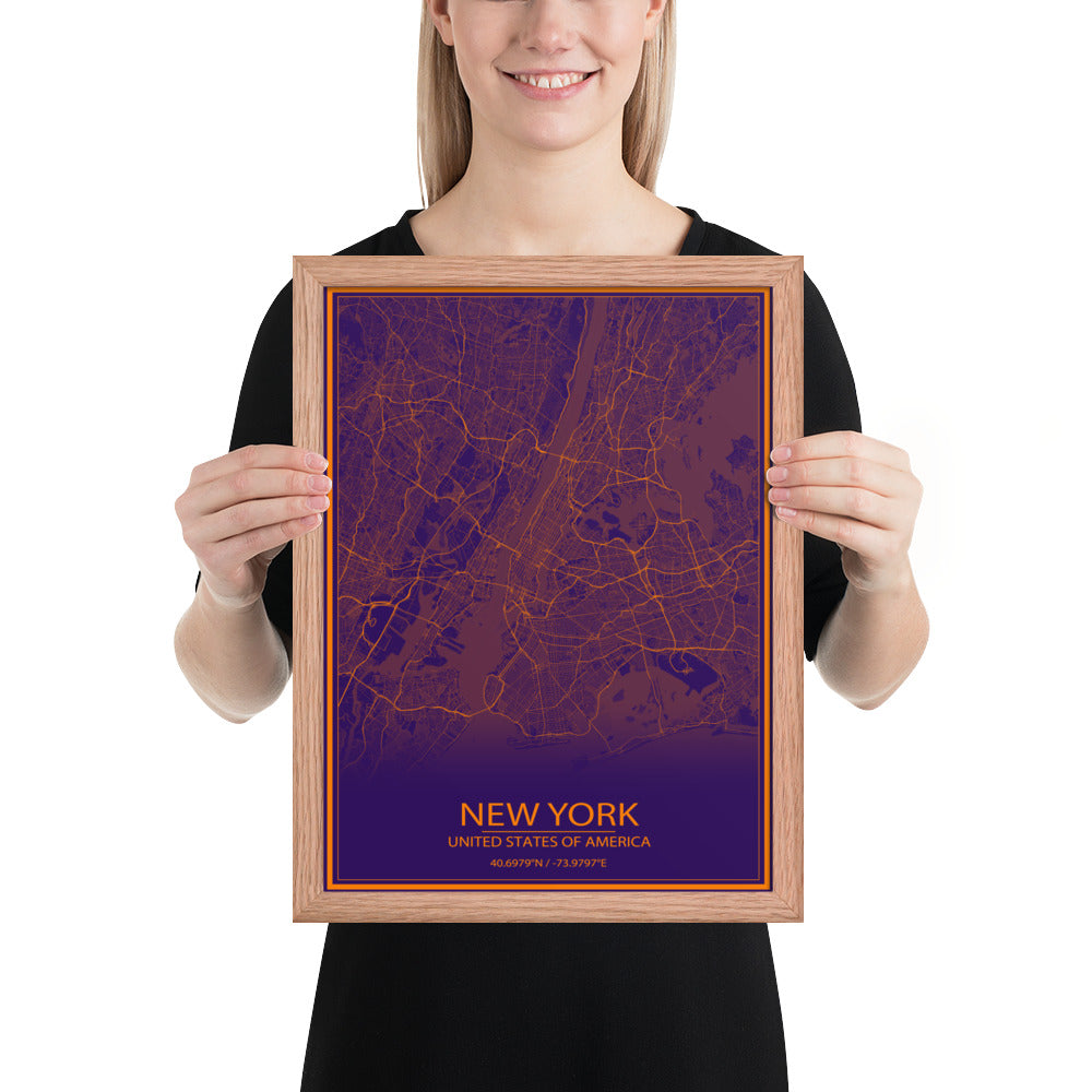 New York Purple and Orange Framed Map