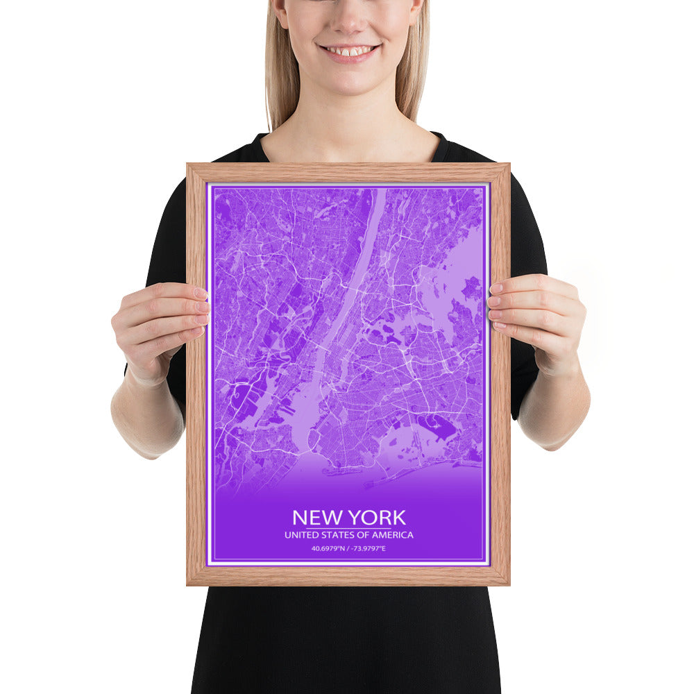 New York Purple and White Framed Map