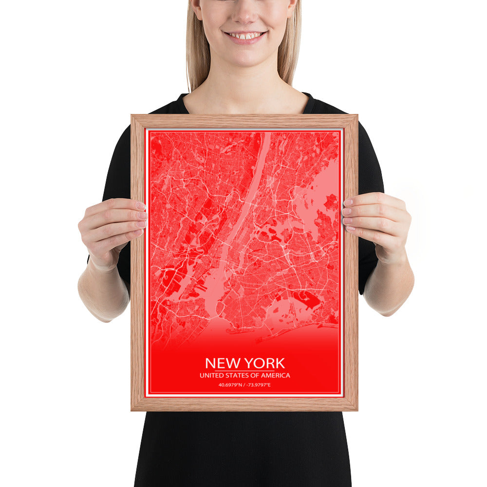 New York Red and White Framed Map