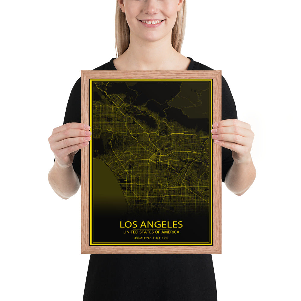 Los Angeles Black and Yellow Framed Map