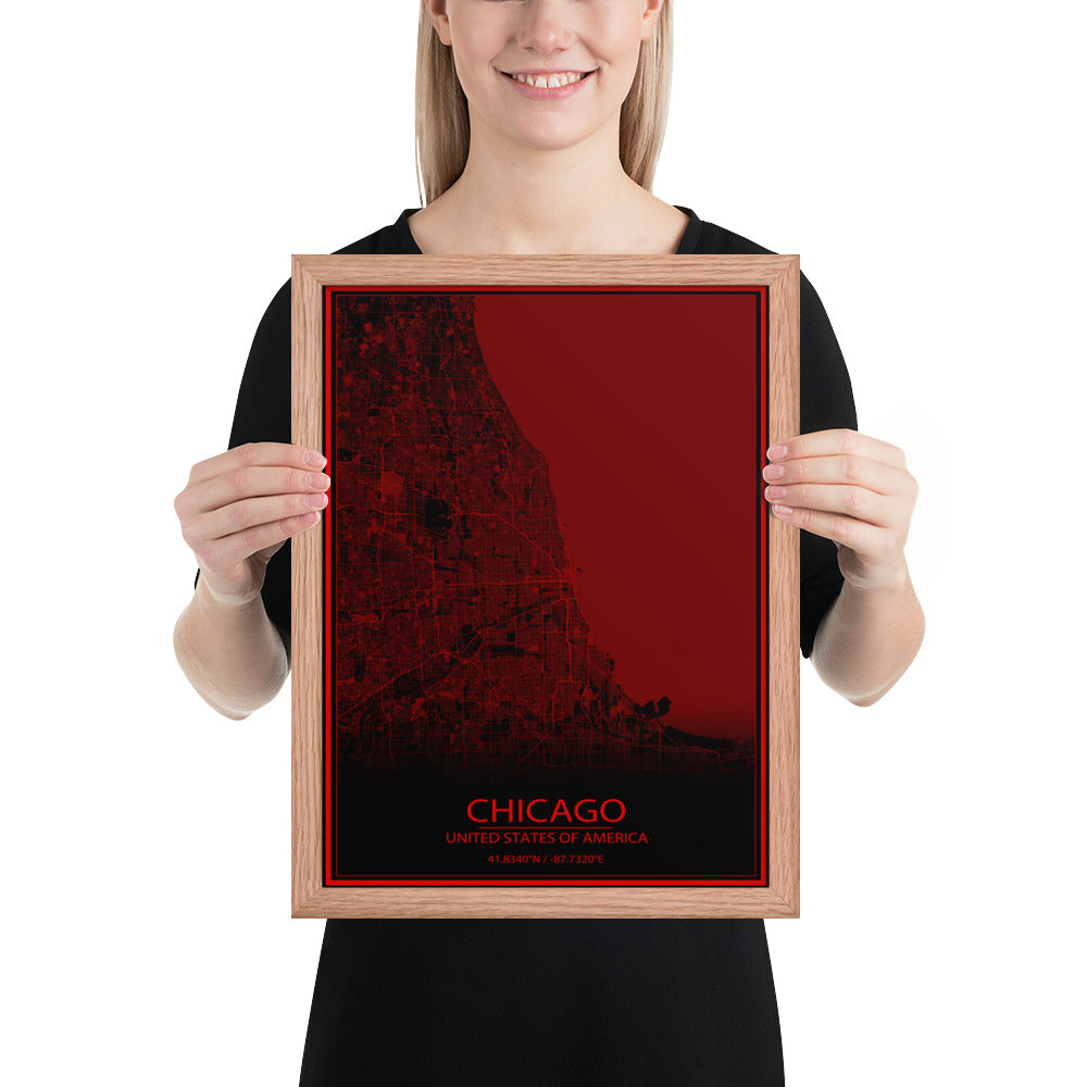 Chicago Black and Red Framed Map