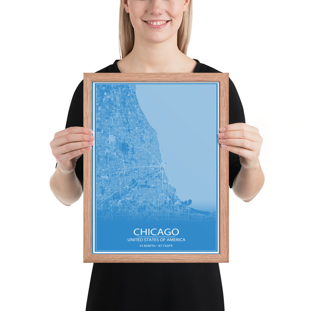 Chicago Blue and White Framed Map