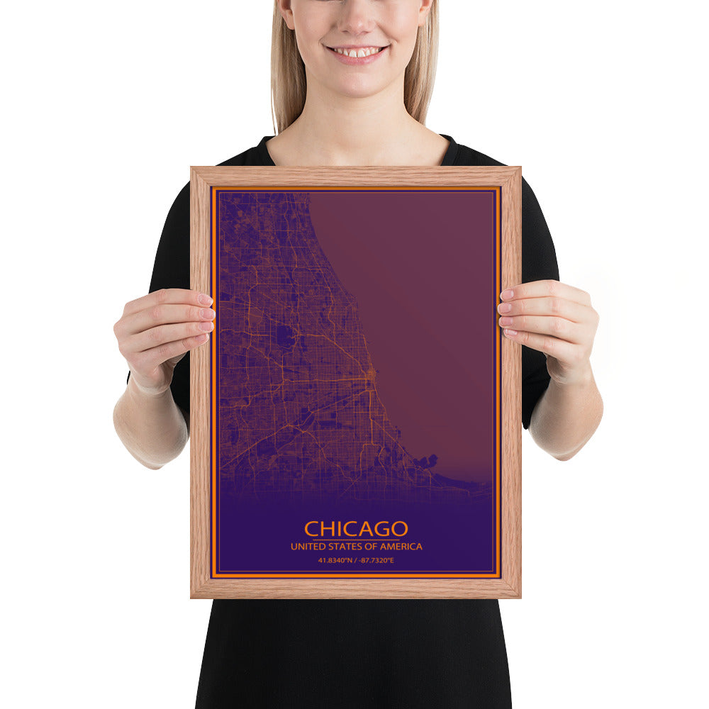 Chicago Purple and Orange Framed Map