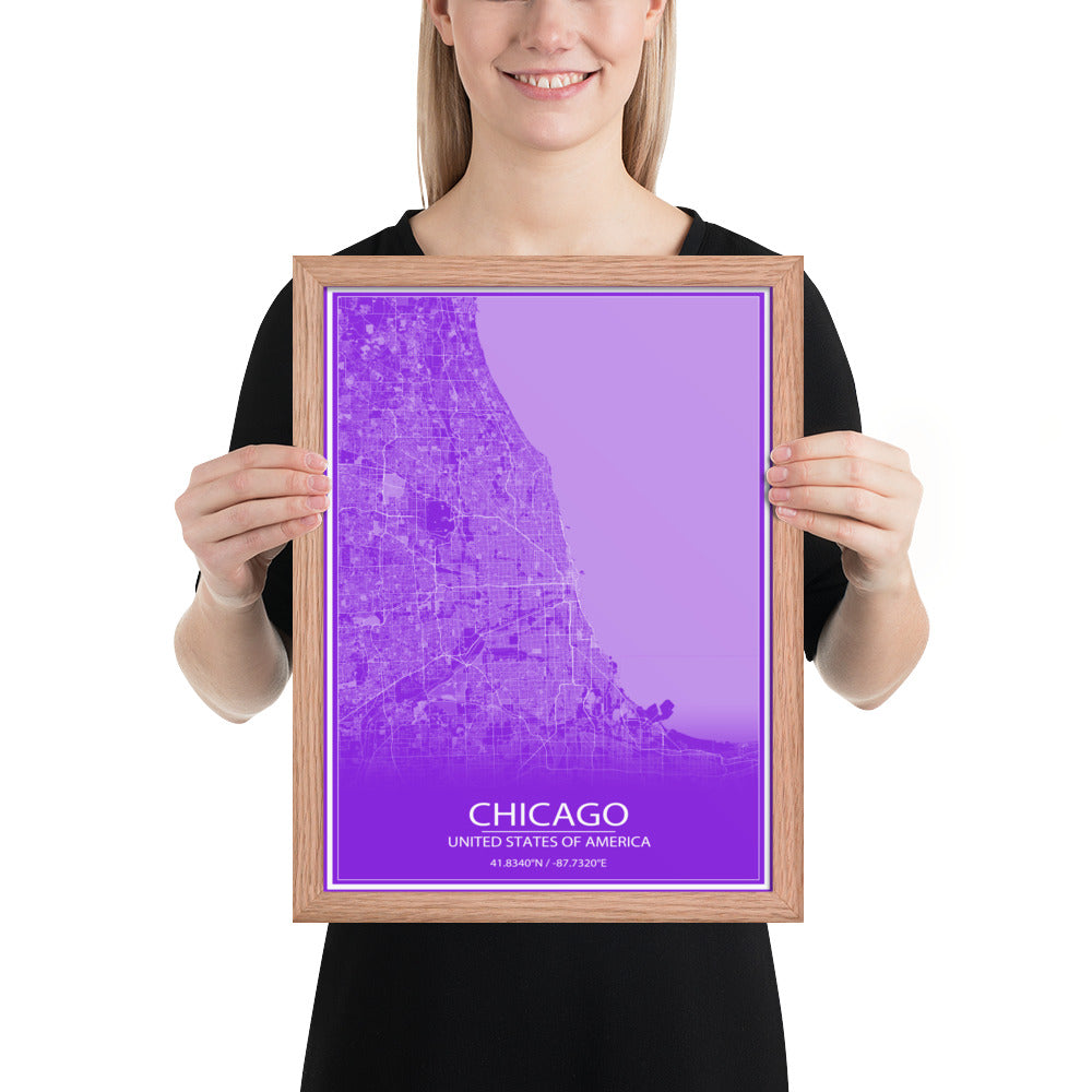 Chicago Purple and White Framed Map