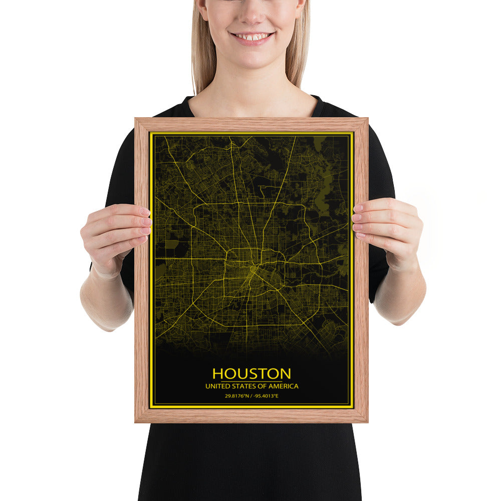 Houston Black and Yellow Framed Map