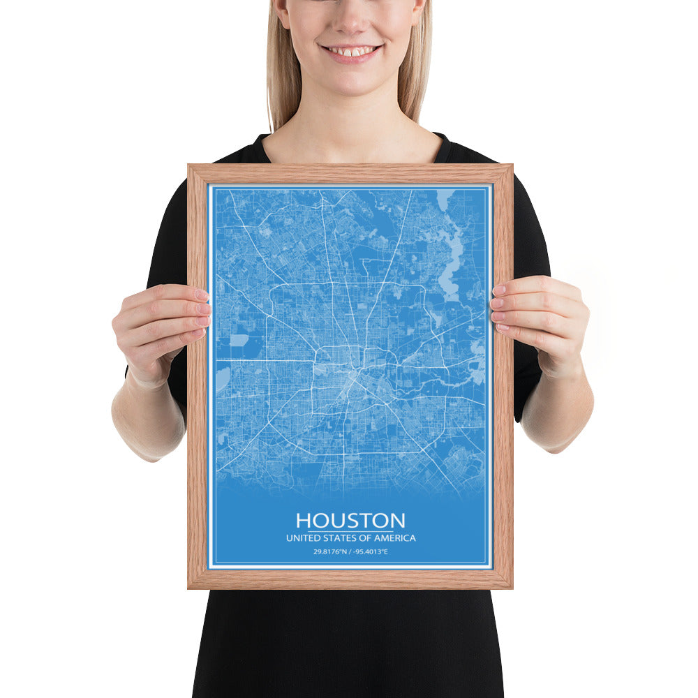 Houston Blue and White Framed Map