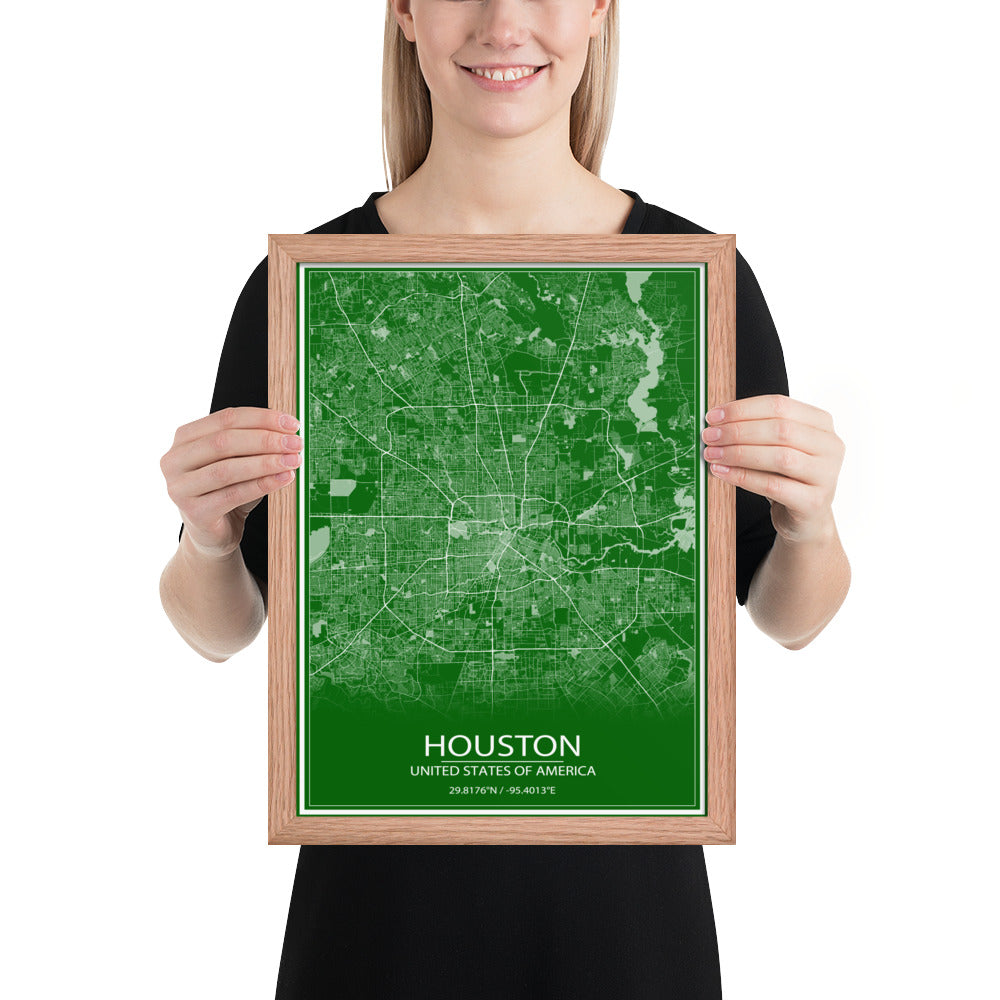 Houston Green and White Framed Map