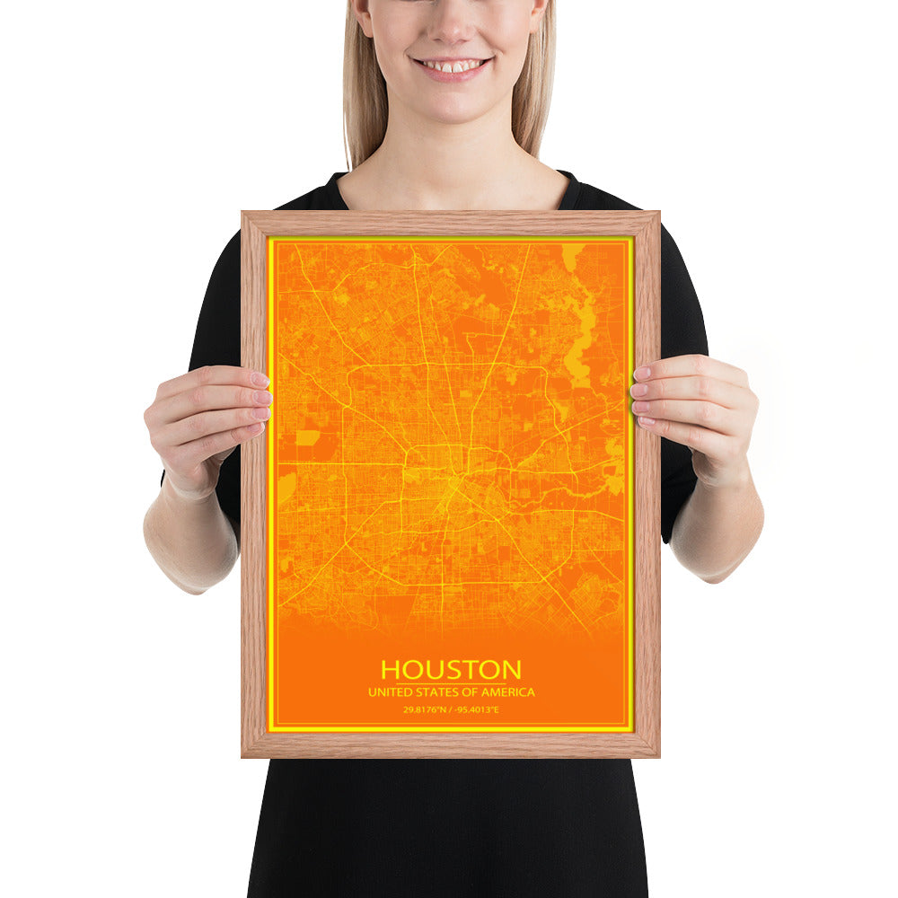 Houston Orange and Yellow Framed Map