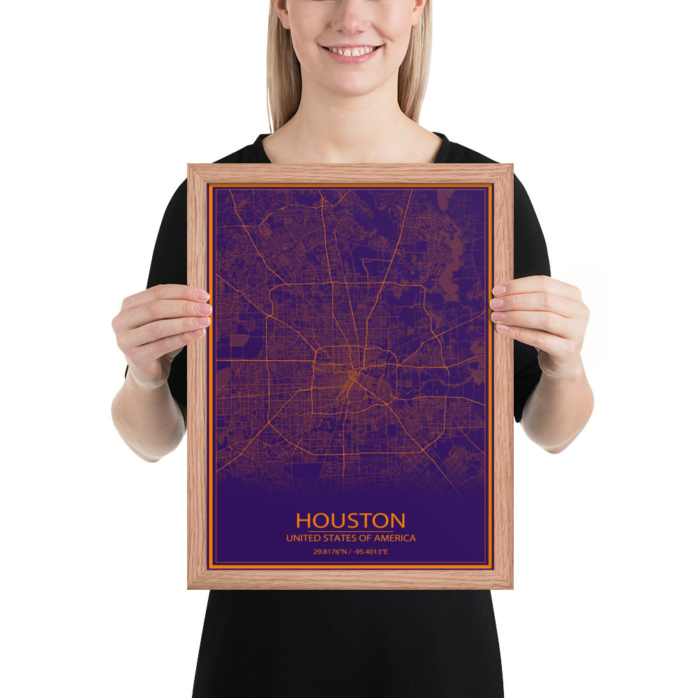 Houston Purple and Orange Framed Map