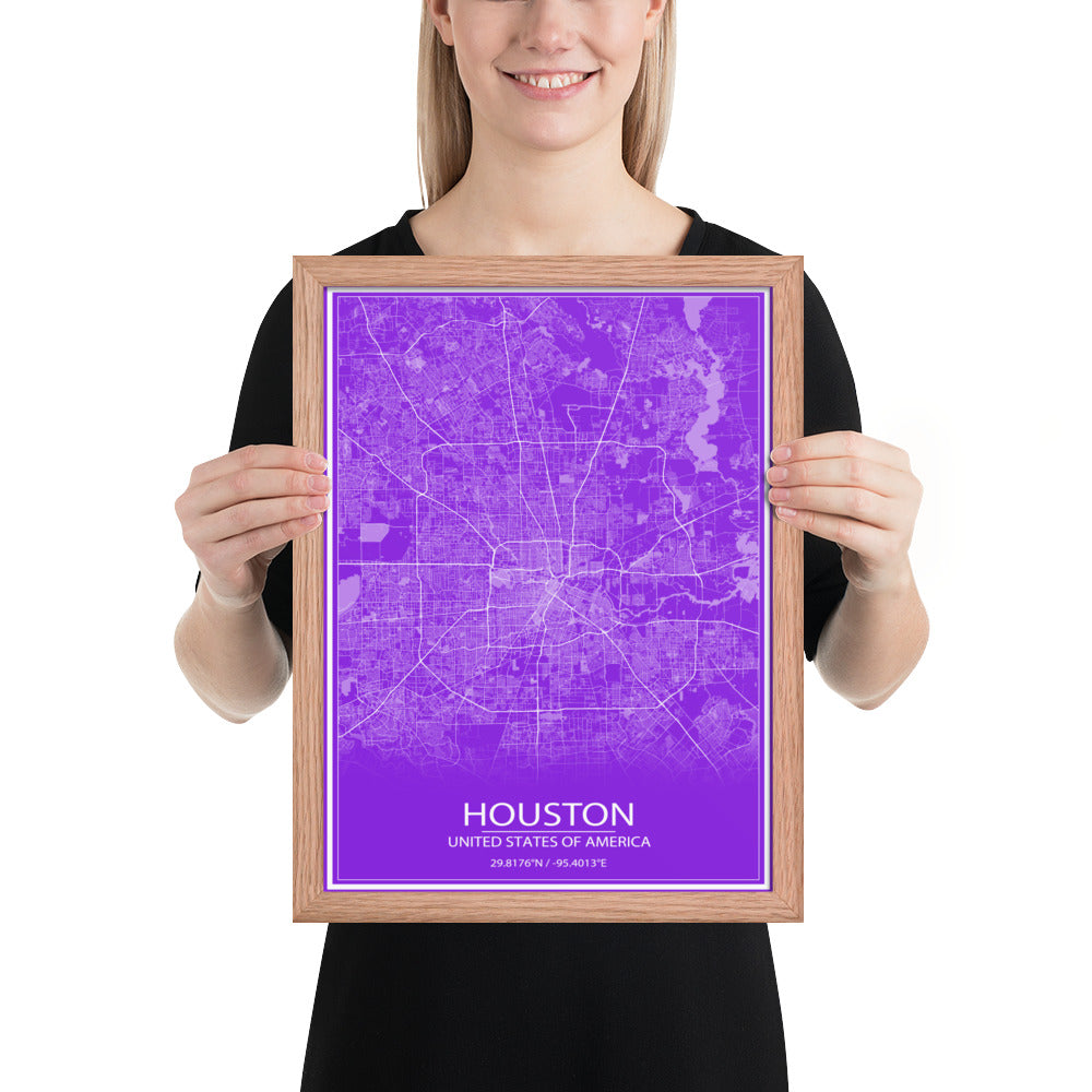 Houston Purple and White Framed Map