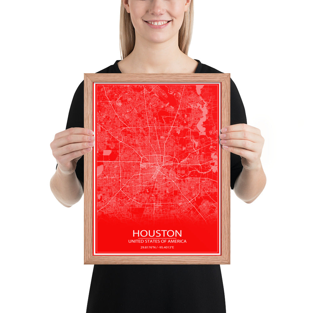 Houston Red and White Framed Map