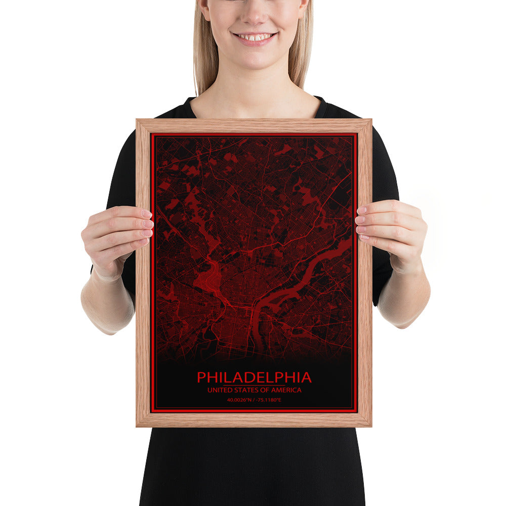 Philadelphia Black and Red Framed Map