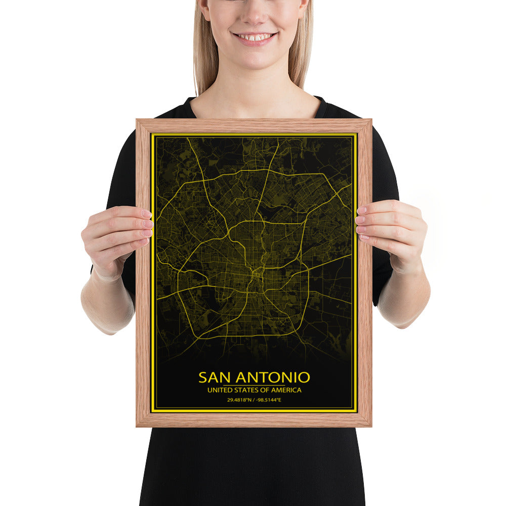 San Antonio Black and Yellow Framed Map