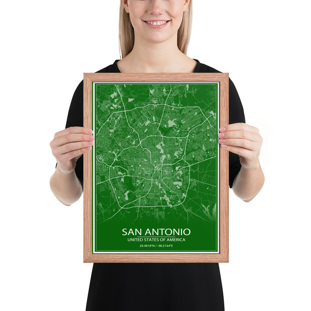 San Antonio Green and White Framed Map