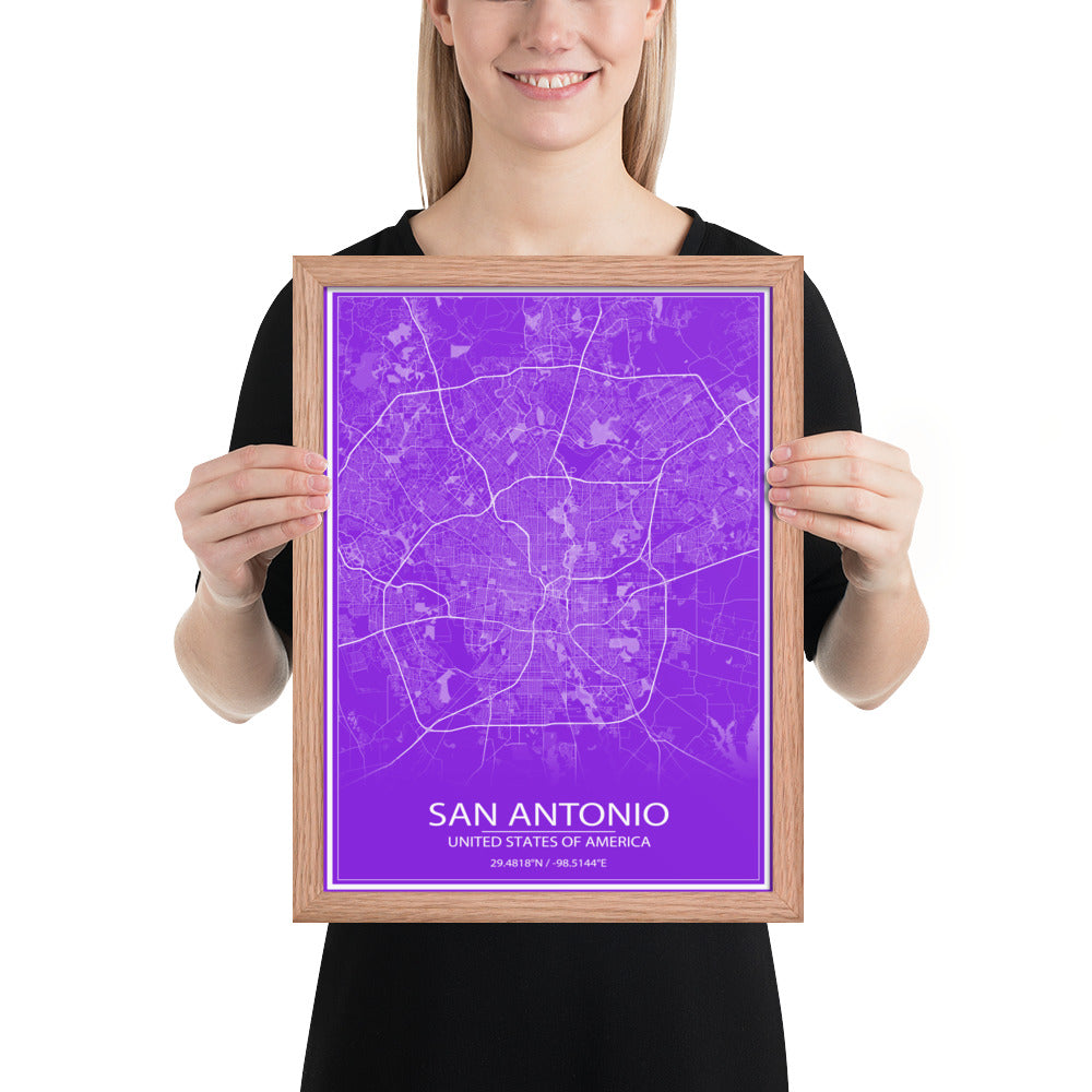 San Antonio Purple and White Framed Map