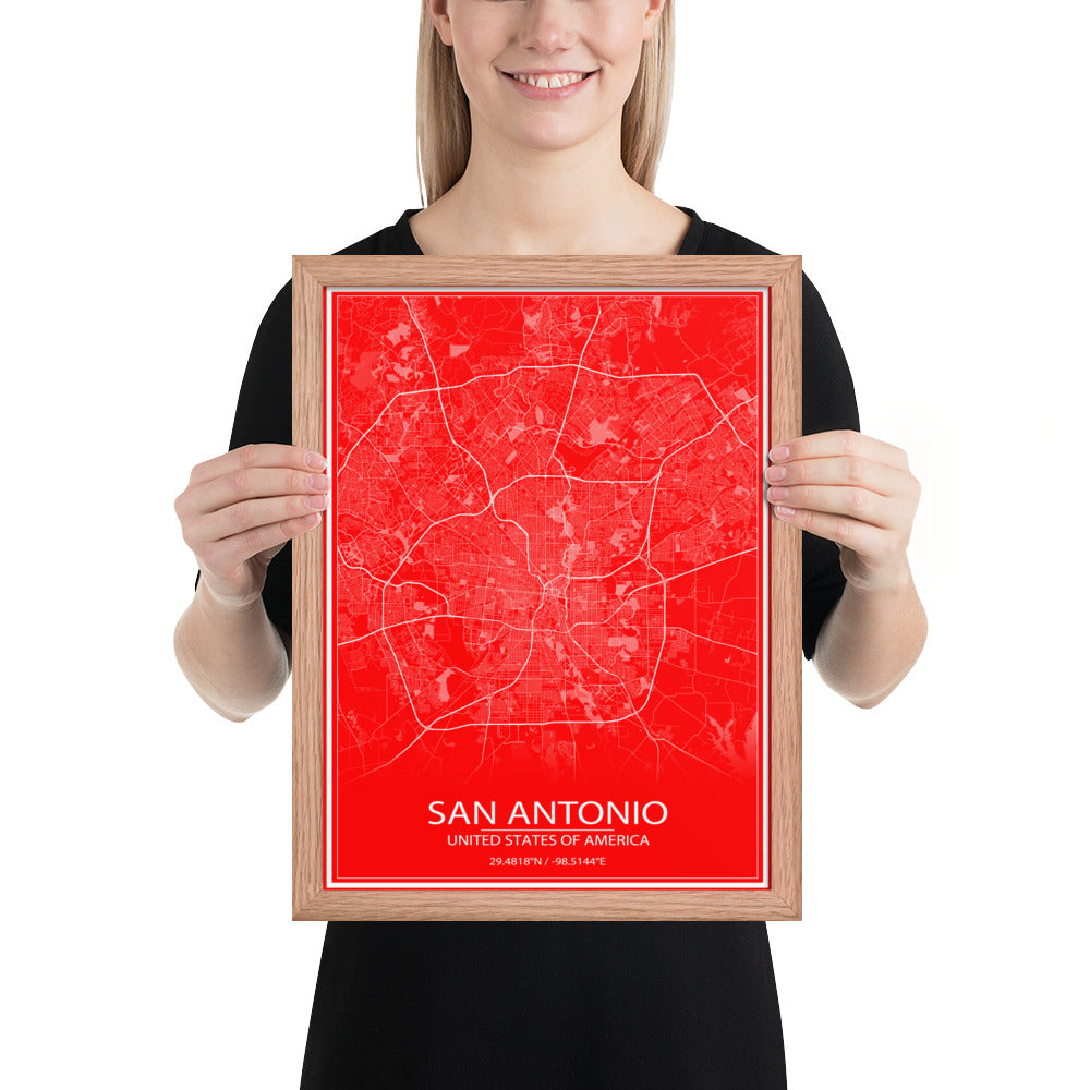 San Antonio Red and White Framed Map