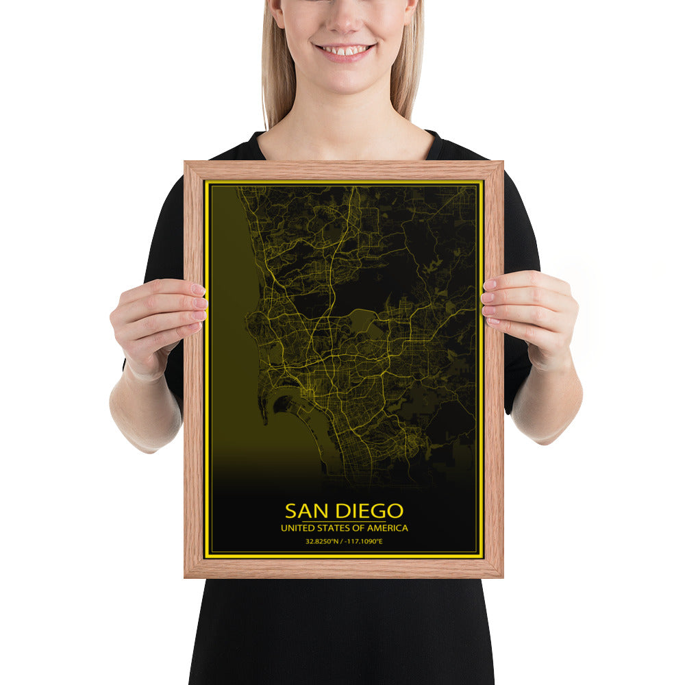 San Diego Black and Yellow Framed Map