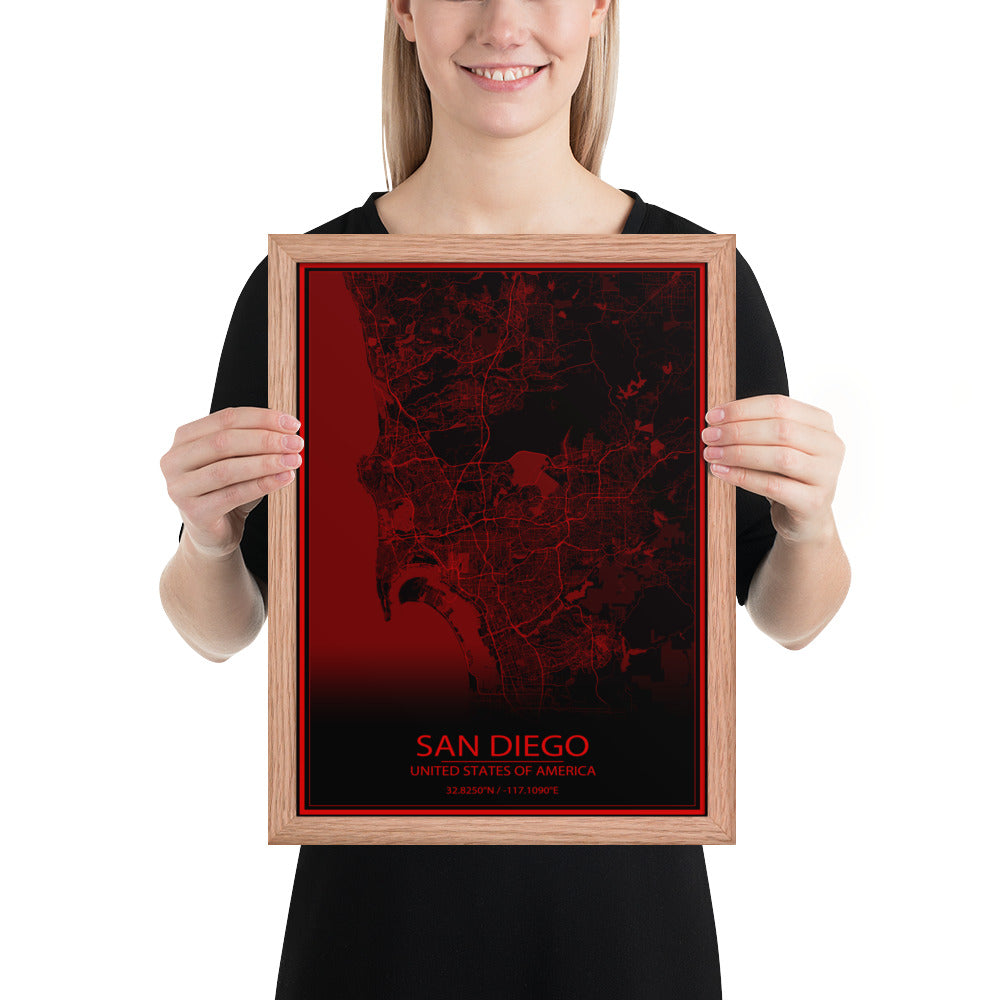 San Diego Black and Red Framed Map