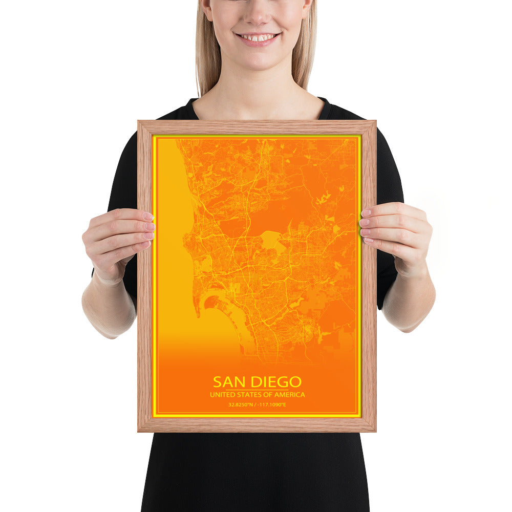 San Diego Orange and Yellow Framed Map