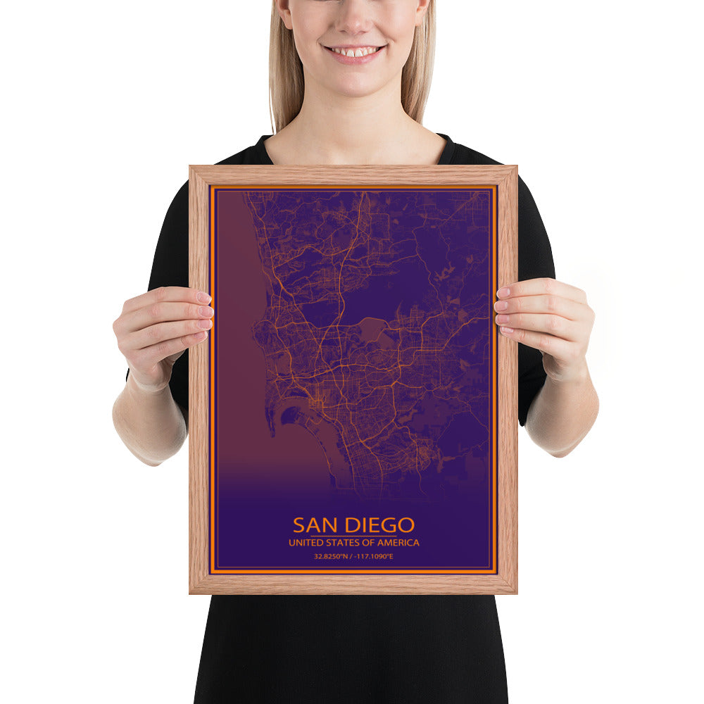 San Diego Purple and Orange Framed Map